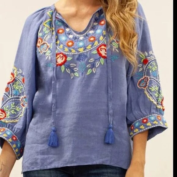 Kyla Seo Shay Blue iris 3/4 Sleeve Embroidered festival Boho 100% linen top XL - Picture 1 of 10